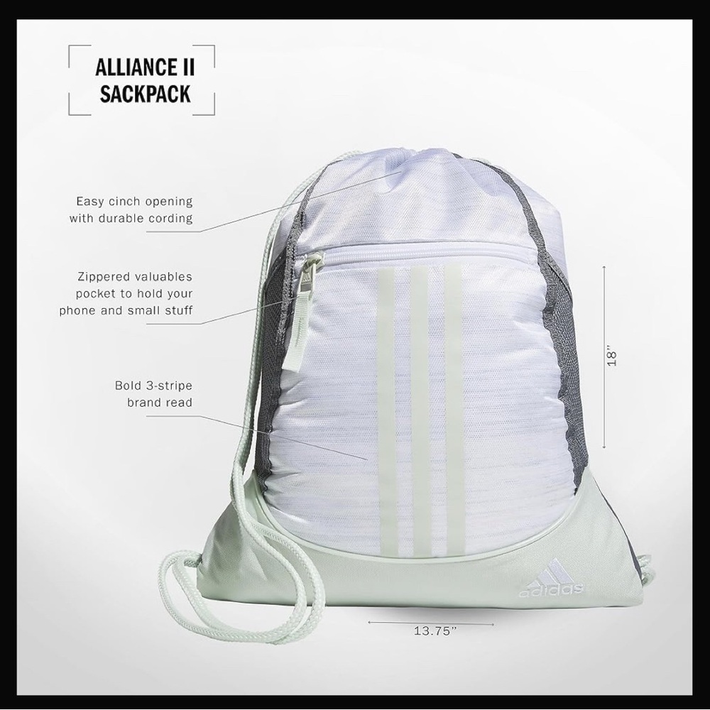 Adidas White and Gray Alliance II Sackpack